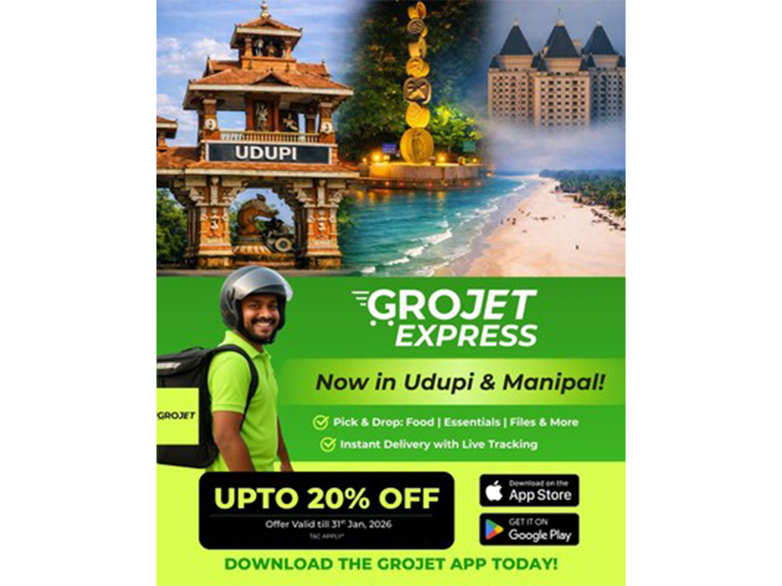 Grojet Express launches in Udupi & Manipal, offering instant pick-and-drop services for food, essentials, documents, powered by real-time tracking and local delivery partners