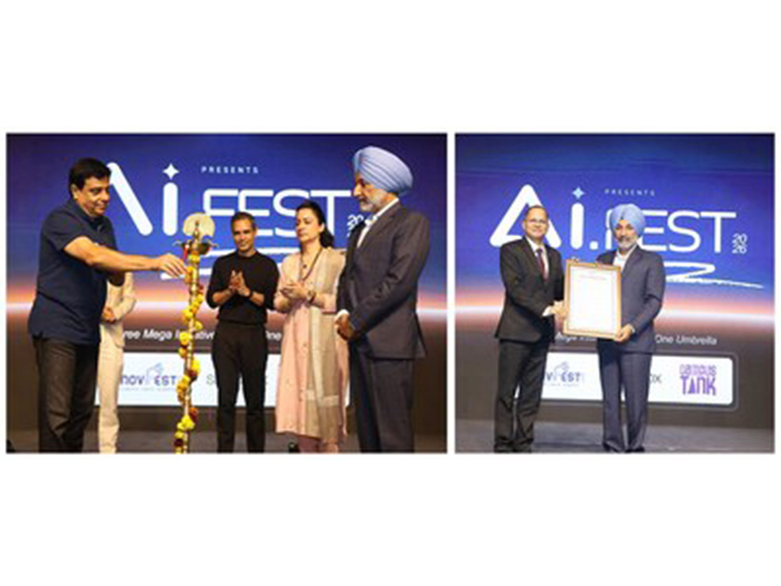 MP Satnam Singh Sandhu along with EduTech Entrepreneur Ronnie Screwvala & Social Influencer Ankur Warikoo inaugurating India's first AI Fest at Chandigarh University