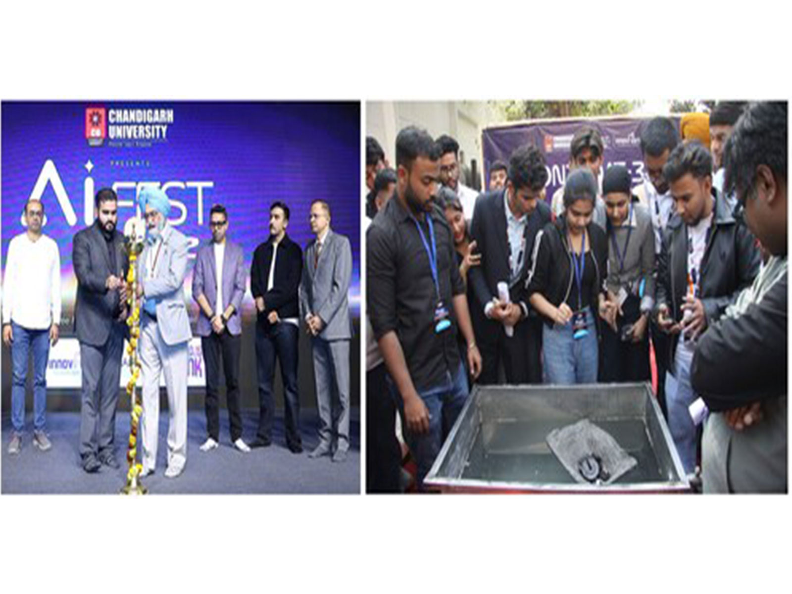 Jainder Inder Singh Sandhu, Sr. Director Chandigarh University launching Sandbox Residential Program; & the students performing 'Confloat competition during AI Fest at Chandigarh University.