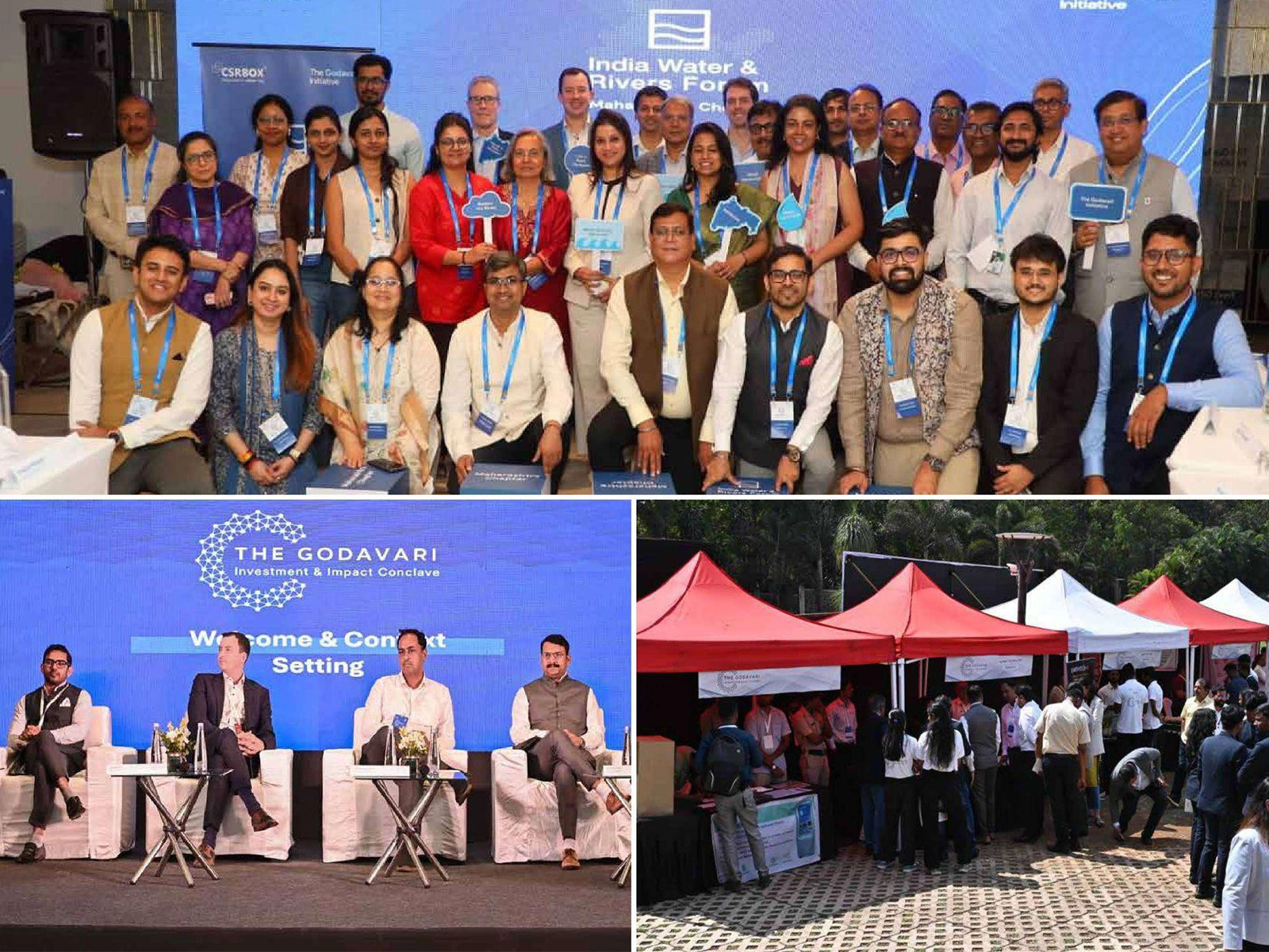 Top: India Water and Rivers Forum Maharashtra Chapter, Mumbai. Bottom left: The Godavari Investment and Impact Conclave, Nashik. Bottom right: Startup Expo at the Conclave