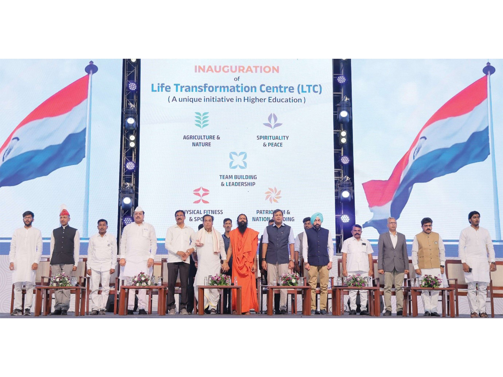 Yog Guru Shri Baba Ramdev, Dr Vishwanath Karad, Founder-President, MIT-WPU and Dr Rahul V Karad, Initiator & Vision, LTC, during the inauguration of the Life Transformation Centre (LTC).