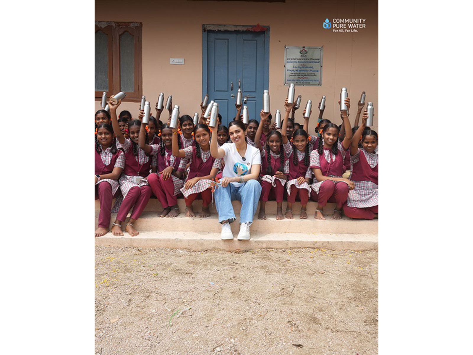 Bhumi Pednekar with school children at a government school in rural Telangana being supported by Community Pure Water