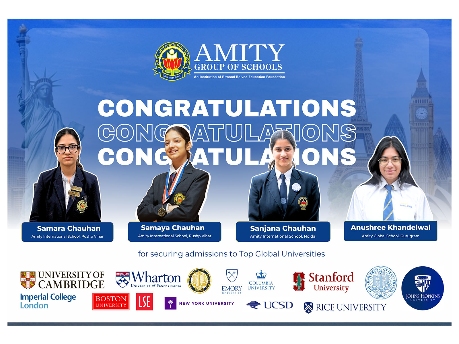 Amity Group of School Students Achieve Outstanding Global Selections to Ivy League and Top Global Universities