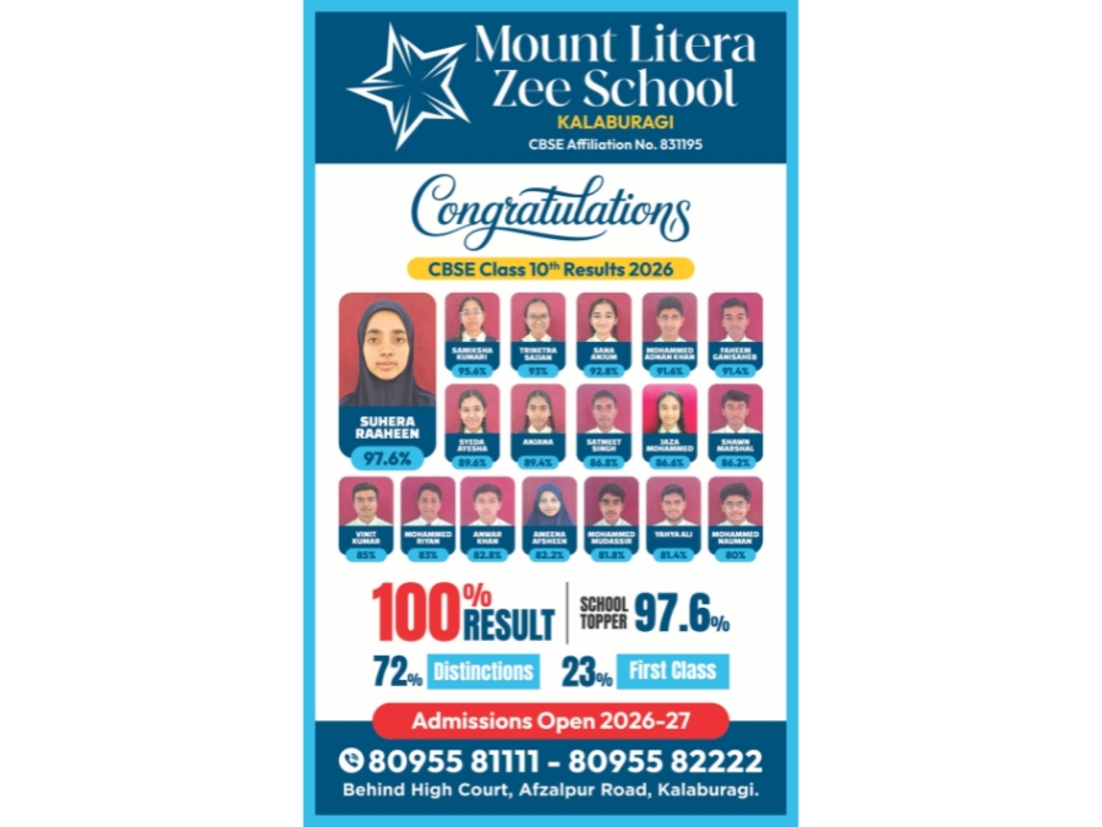Mount Litera Zee School, Kalaburagi Achieves 100 Percent Result in First CBSE Class X Batch