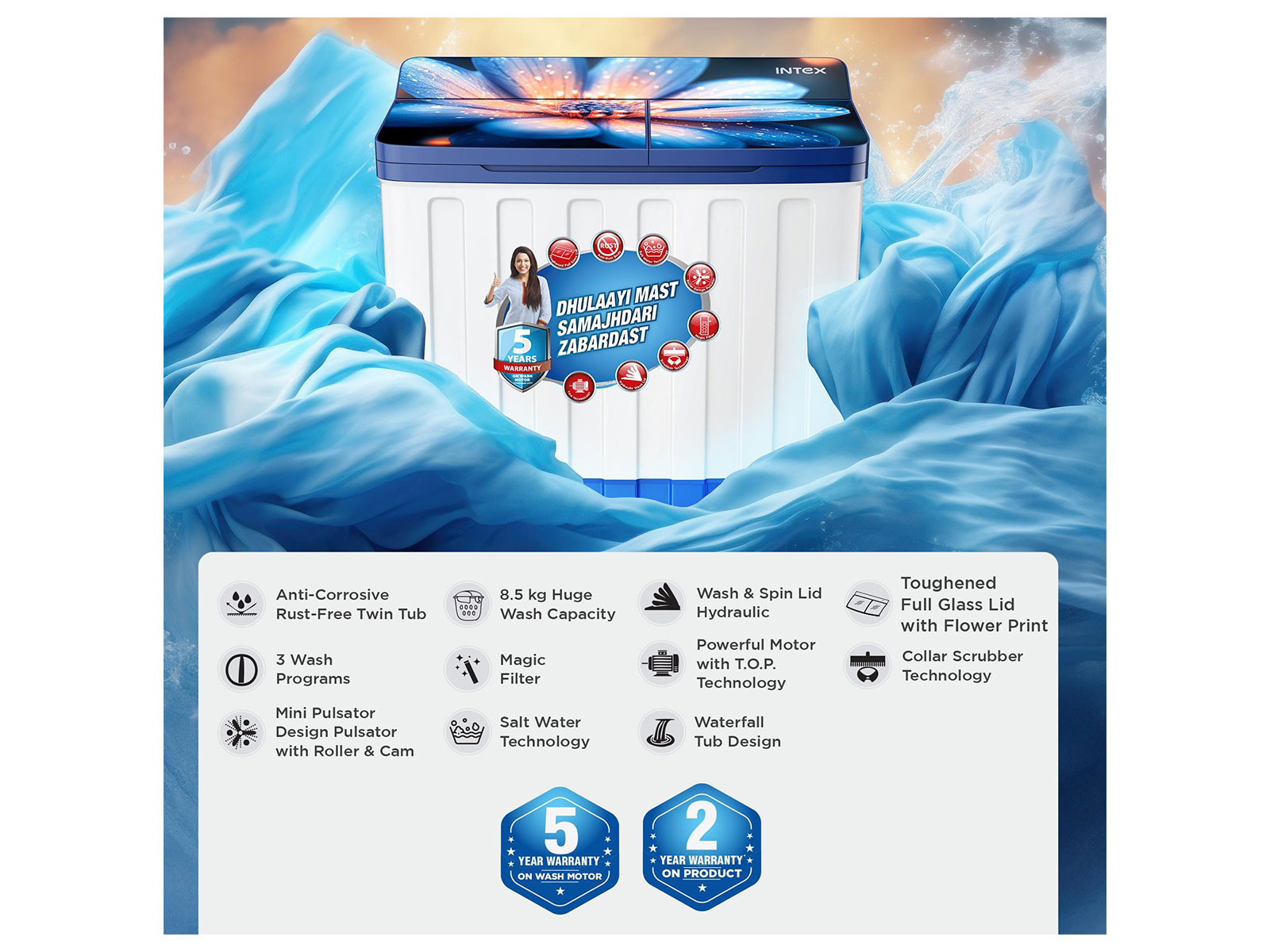 Intex 8.5 KG SA85BWFG Washing Machine - Good for Bigger Loads and Better Care