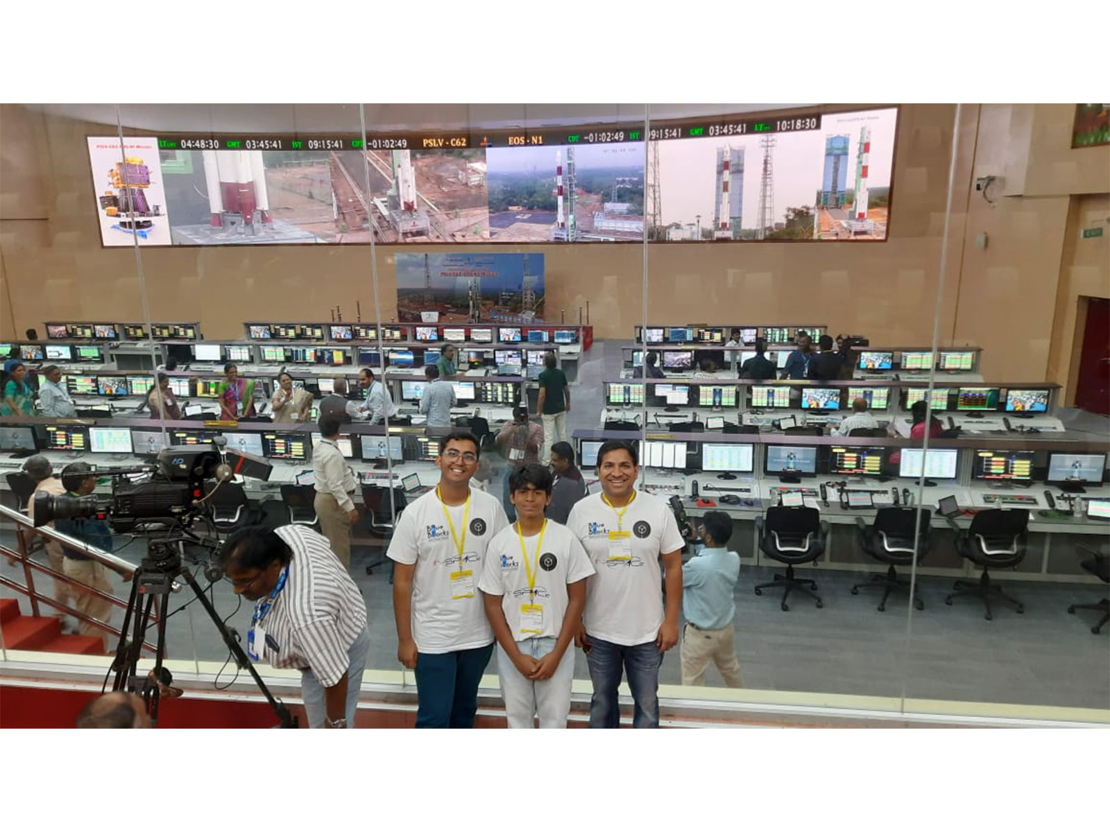Blue Blocks Montessori School students and founder Pavan Goyal at ISRO Mission Control during the PSLV-C62launch of their student-built satellite, January 2026