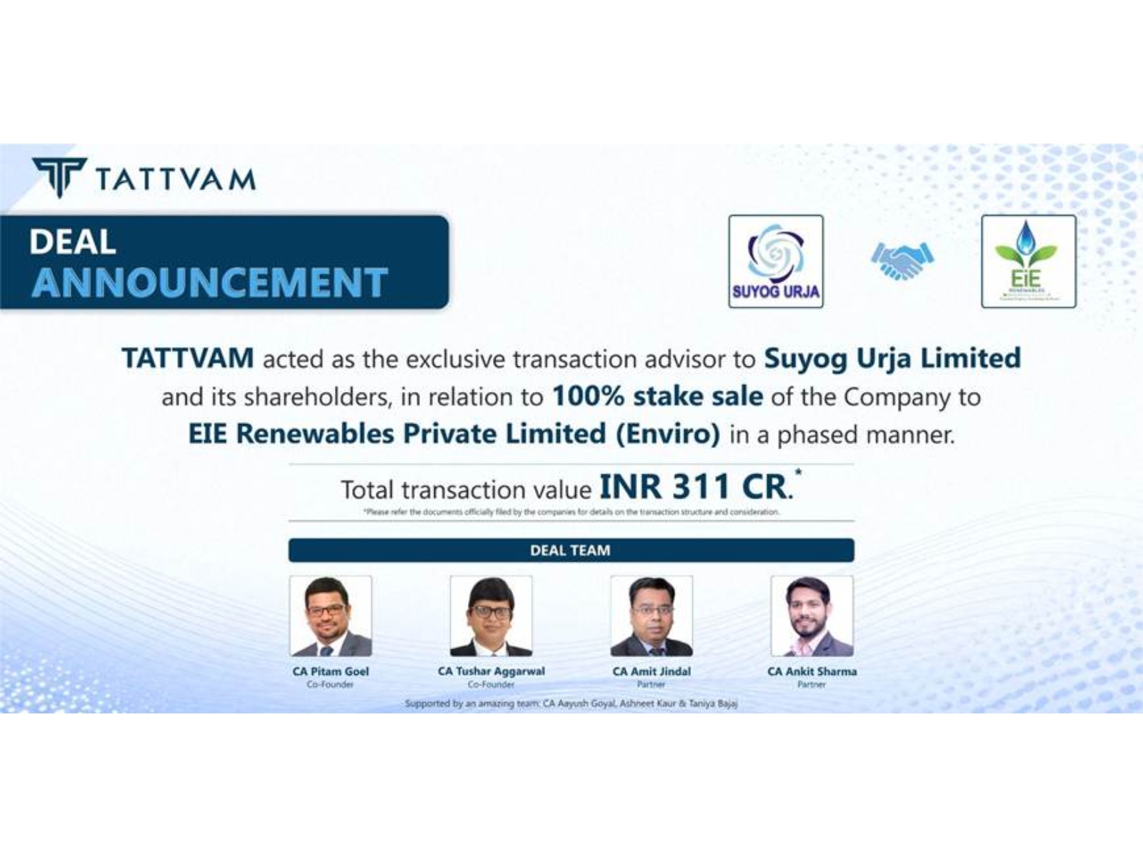 TATTVAM Advises on ~INR 311 Crore Renewable Energy Transaction in Strategic Stake Sale