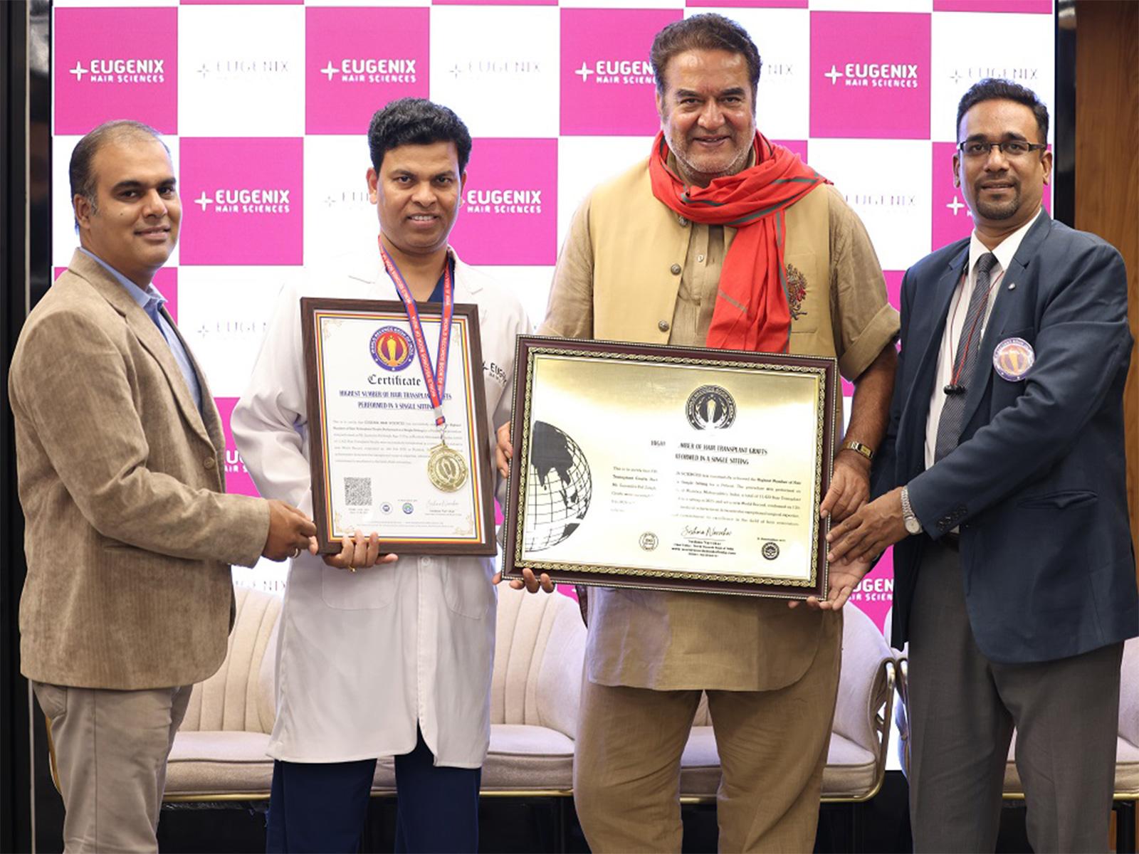 Eugenix Hair Sciences Founder & Chairman, Dr. Pradeep Sethi receives the certificate from World Records Book of India in presence of renowned actor and Eugenix client Surendra Pal Singh