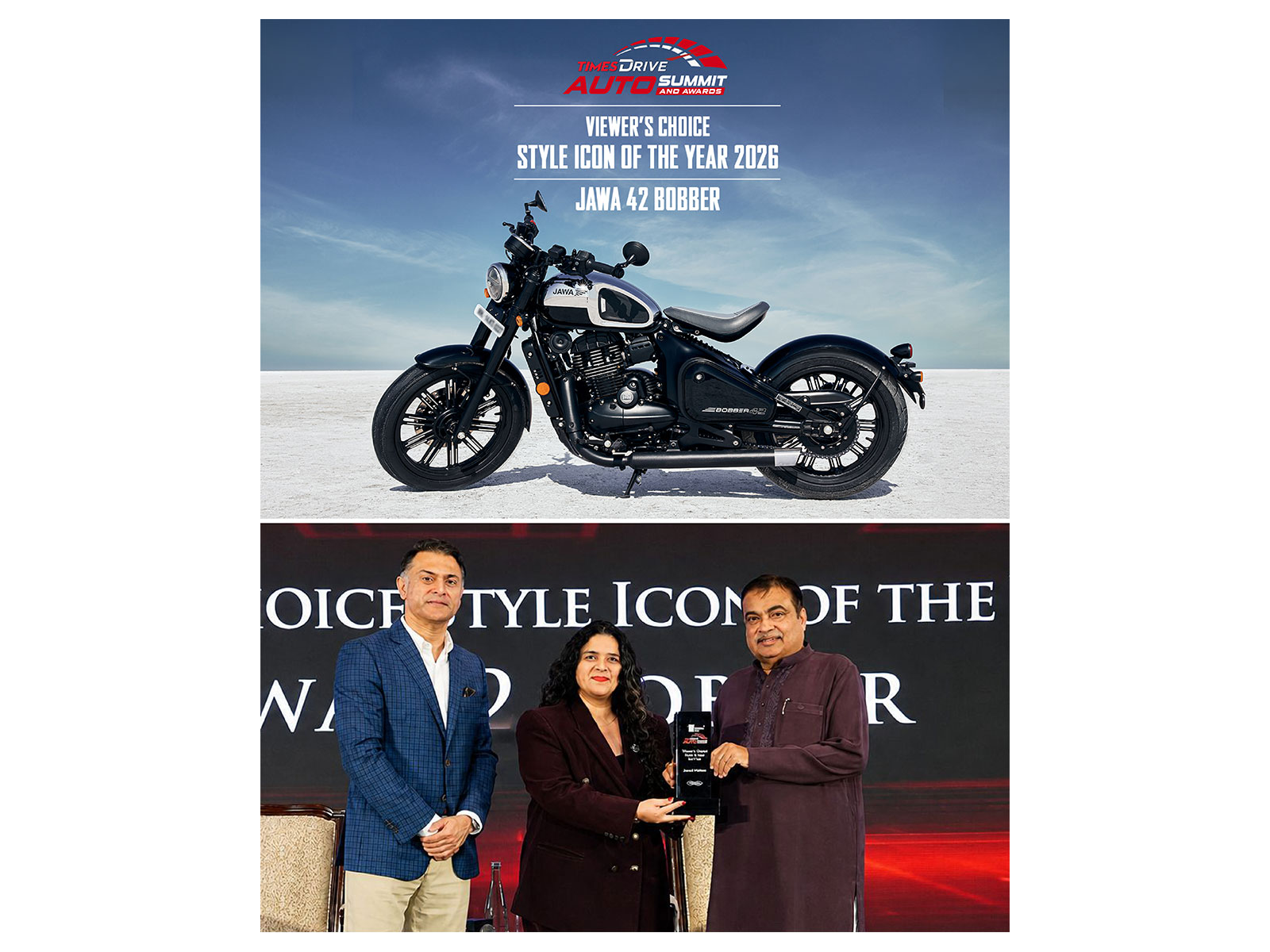 Top: The Jawa 42 Bobber; Bottom: Nivedita Matta, Brand Lead, Jawa, Classic Legends, receives the award from Minister of Road Transport and Highways of India Nitin Gadkari
