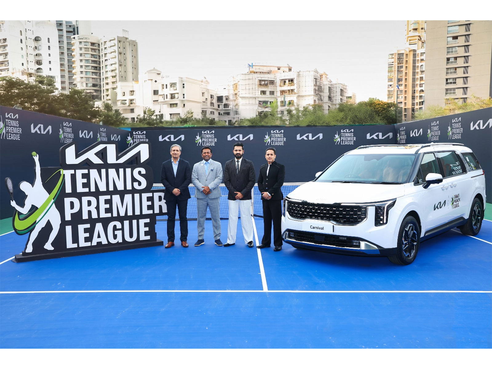 From left: Atul Sood of Kia India with Leander Paes, Mrunal Jain, and Kunal Thakkur at the Kia Tennis Premier League partnership announcement