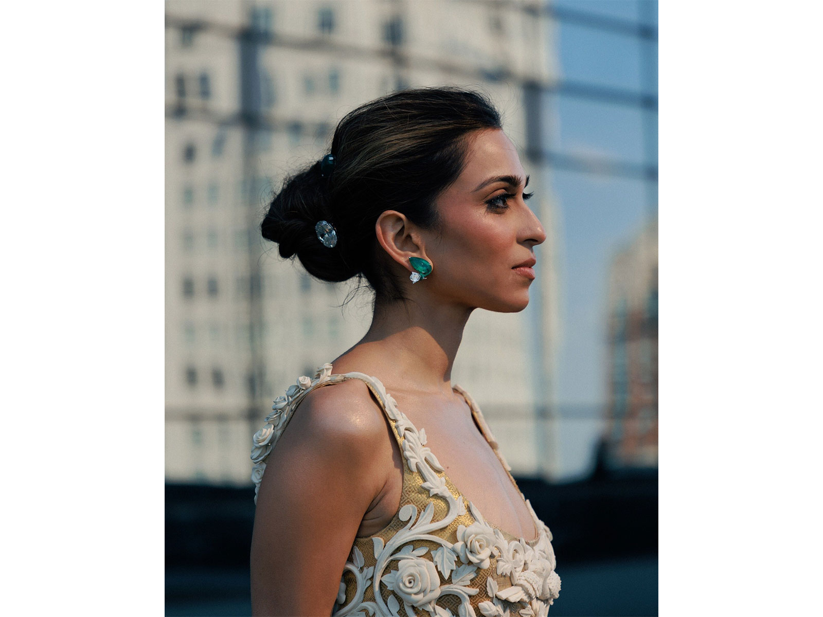 Diya Mehta wears bespoke QWEEN hairpins and emerald earrings at the Met Gala