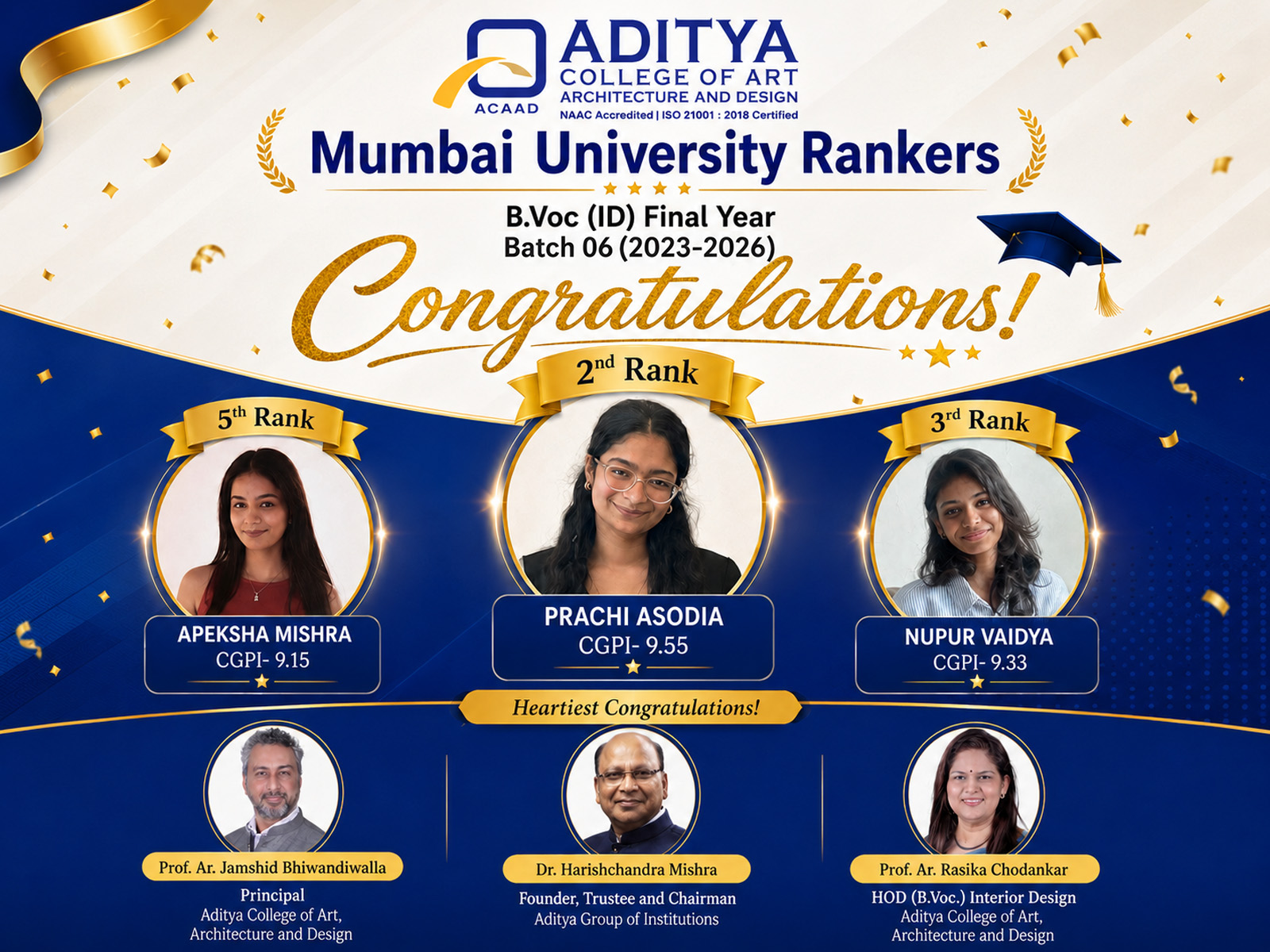 Aditya College of Art, Architecture and Design (ACAAD) Celebrates Mumbai University Rank Holders 