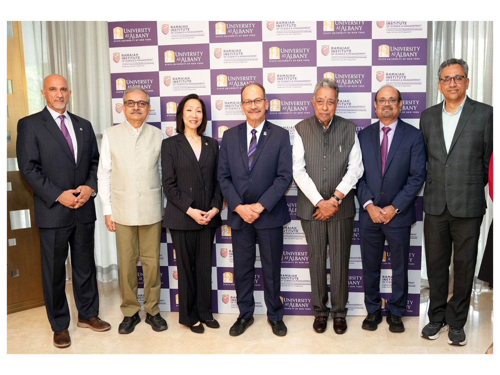 Dr. M R Jayaram and Havidan Rodriguez with senior leaders of RISM and the University at Albany during the launch of the Ramaiah Institute of Science and Management