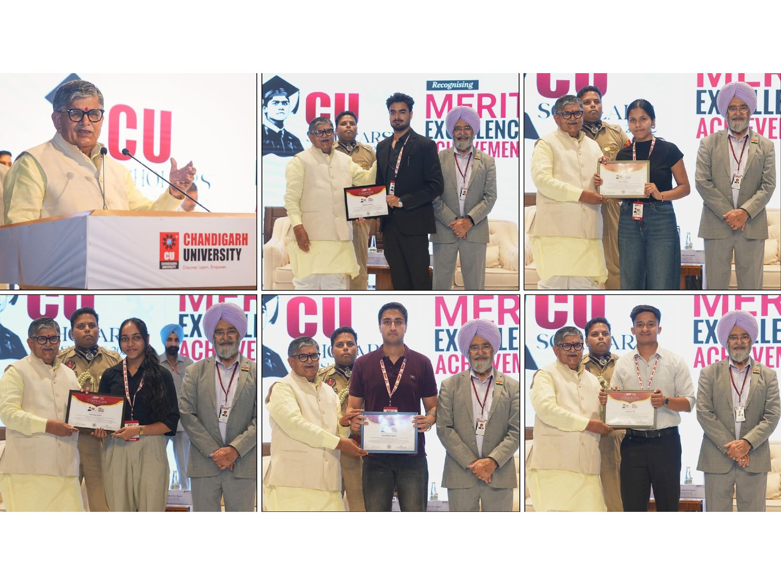 Meritorious students receiving scholarships from Punjab Governor, Gulab Chand Kataria during 3rd edition of Chandigarh University's 'CU Scholars' Summit 2026'