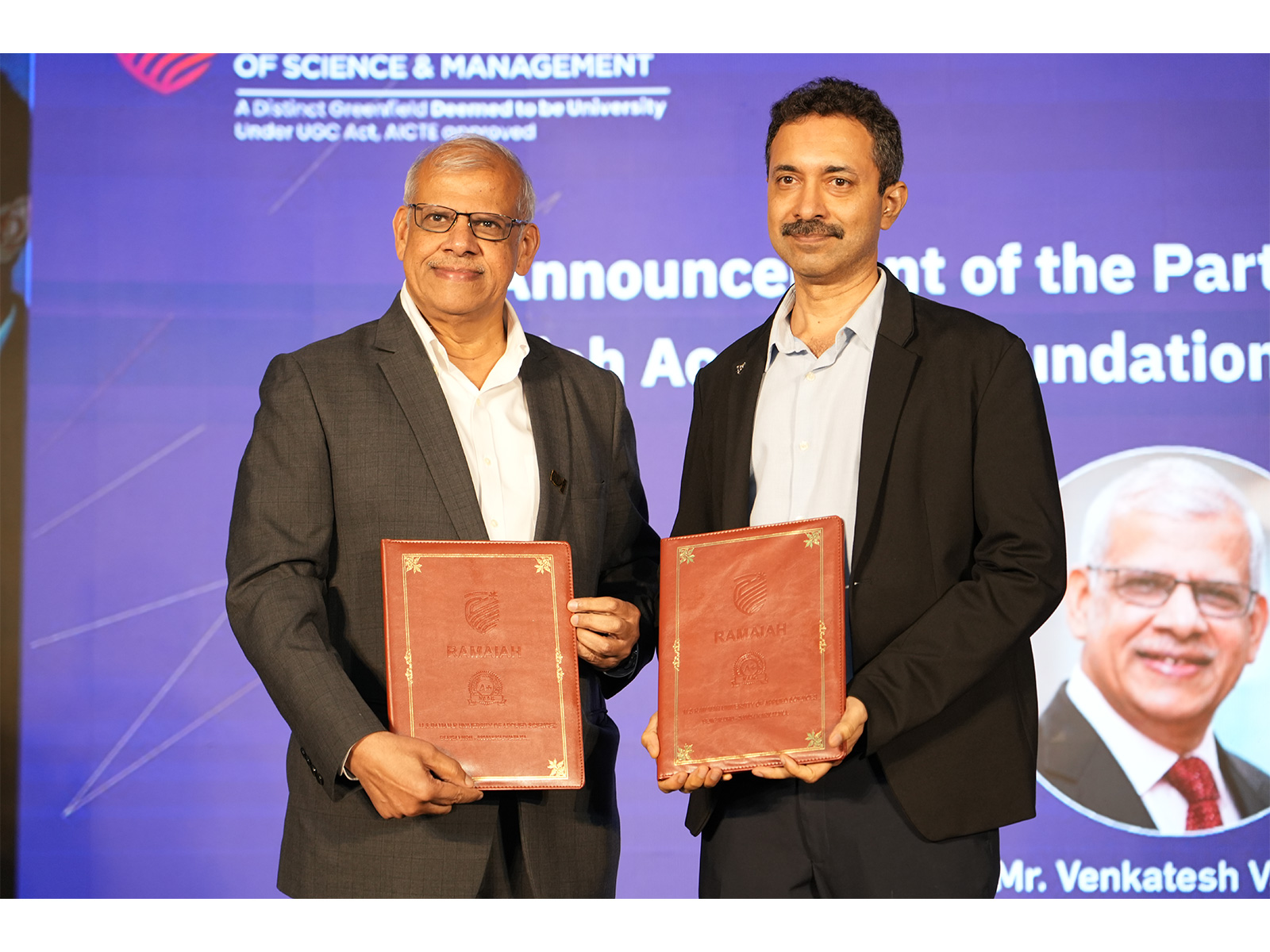 MoU exchange between Venkatesh Valluri, Vice Chairman, Ramaiah Academy Foundation, and Deepak N.G., Managing Director-India, Dassault Systemes