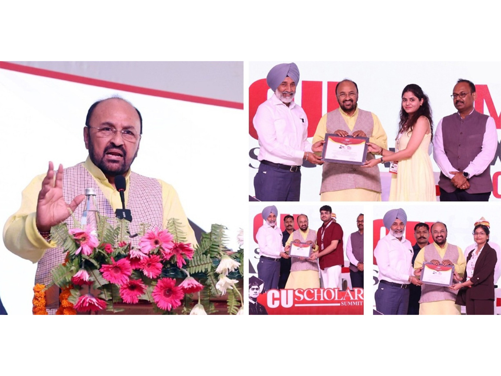 Satnam Singh Sandhu, Chancellor along with Yogendra Upadhyay, Minister of Higher Education, Uttar Pradesh felicitating students during two day CU Scholars' Summit