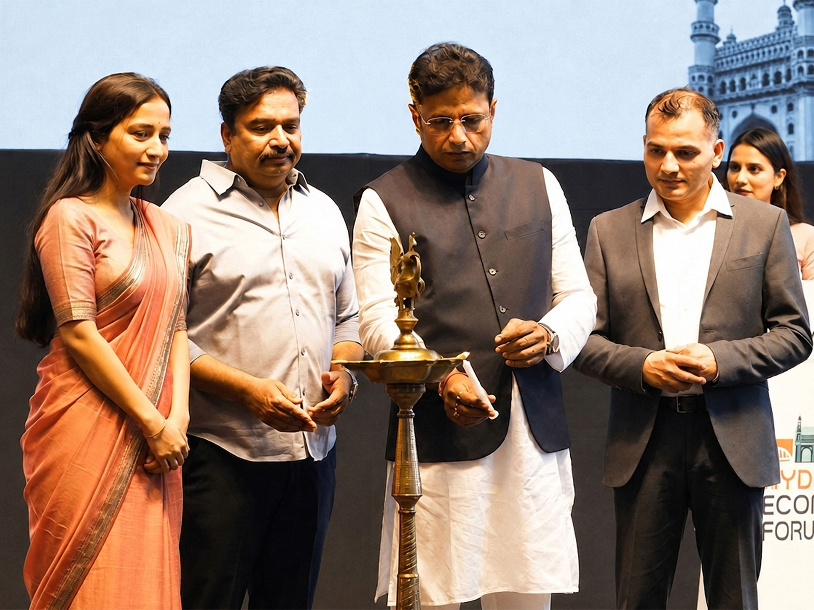 Sri Sridhar Babu, IT Minister, Telangana; (L-R) Dr. Preethi Reddy & Dr. G.V. Rao, Chairman, SAS INFRA; inaugurating Hyderabad Economic Forum 2026; today at SAS iTower, Hyderabad