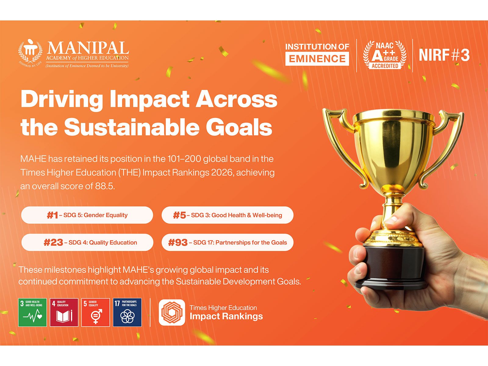 MAHE Achieves Top Global Rankings in THE Impact Rankings 2026, Secures World No. 1 Position for SDG 5