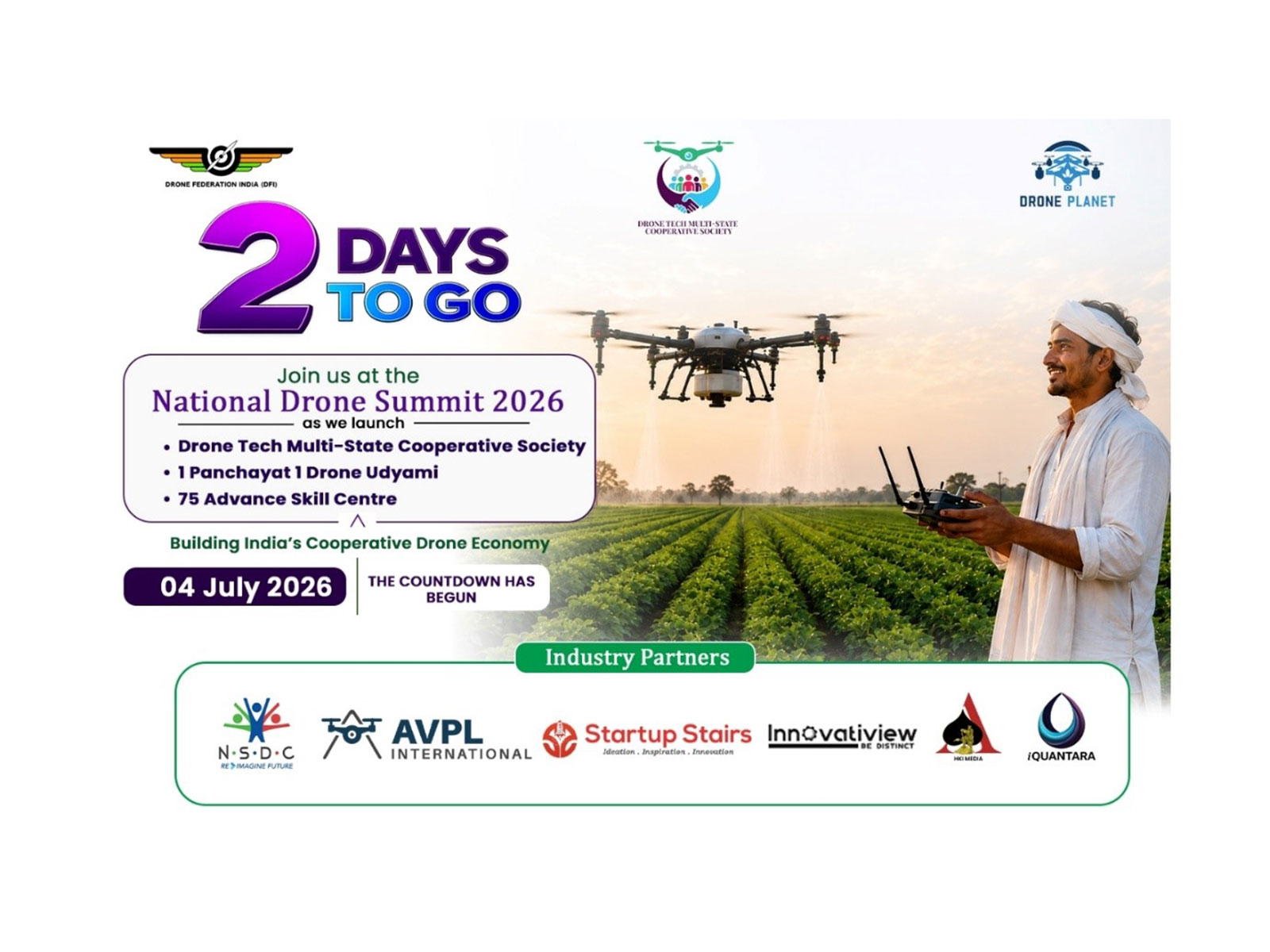 Drone Tech Multi-State Co-operative Society Ltd. to unveil the Bharat Drone opportunity, Mission "1 Panchayat - 1 Drone Udyami" and Advanced Skill Centres