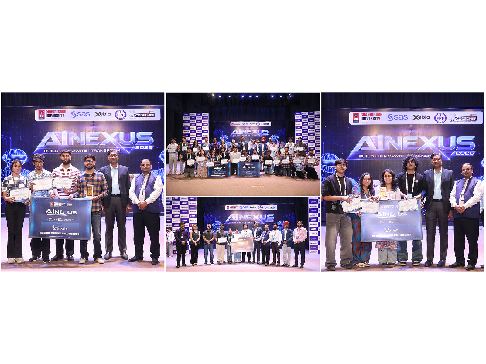 Chandigarh University senior management felicitating the winner teams during the 'AI Nexus 2026' at Gharuan campus