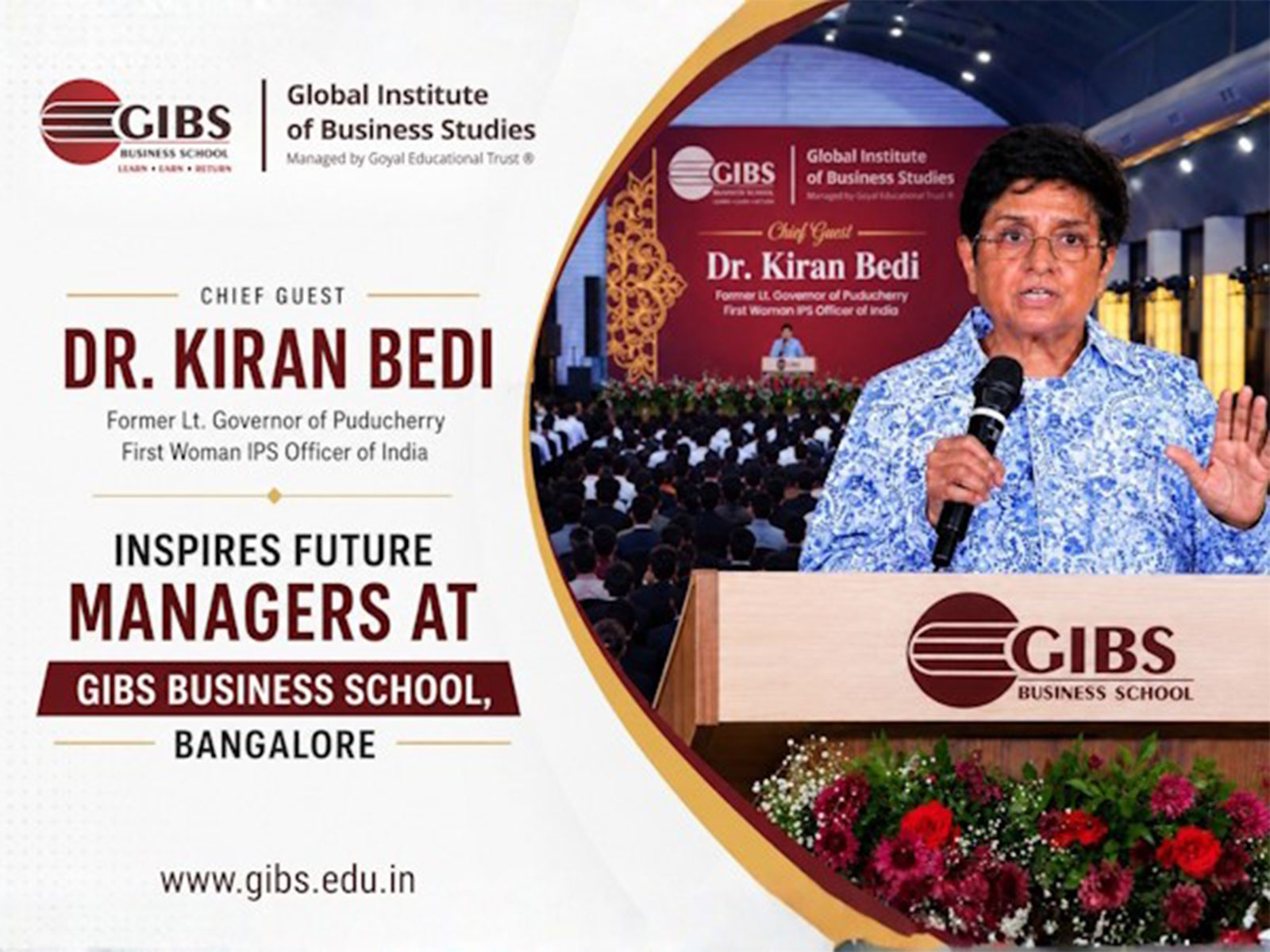 India's First Woman IPS Officer Dr. Kiran Bedi Inspires Management Students at GIBS Business School's Mind Valley Campus, Bangalore