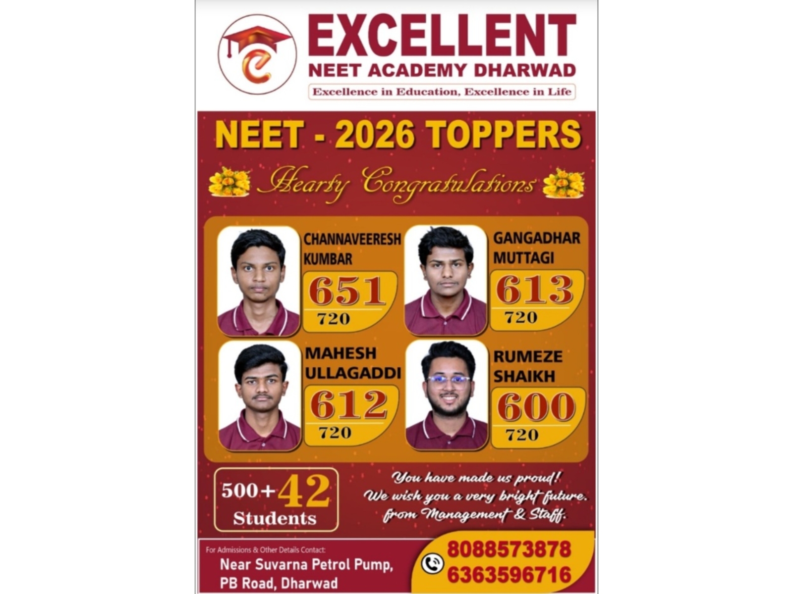 Excellent NEET Academy Dharwad Delivers Outstanding NEET 2026 Results