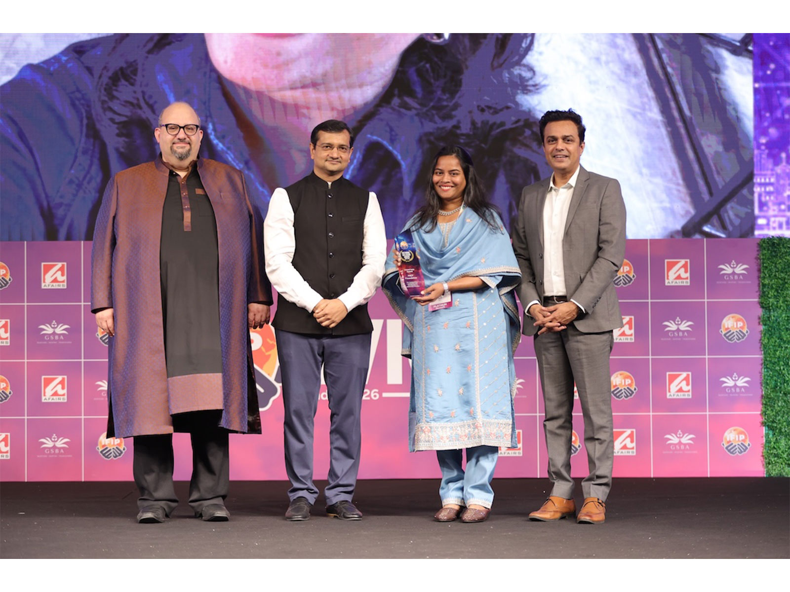 Ms Amelia Ferrao, Co-Founder of PACT Foundation, on stage at Yashobhoomi conferred the Grand Jury Award