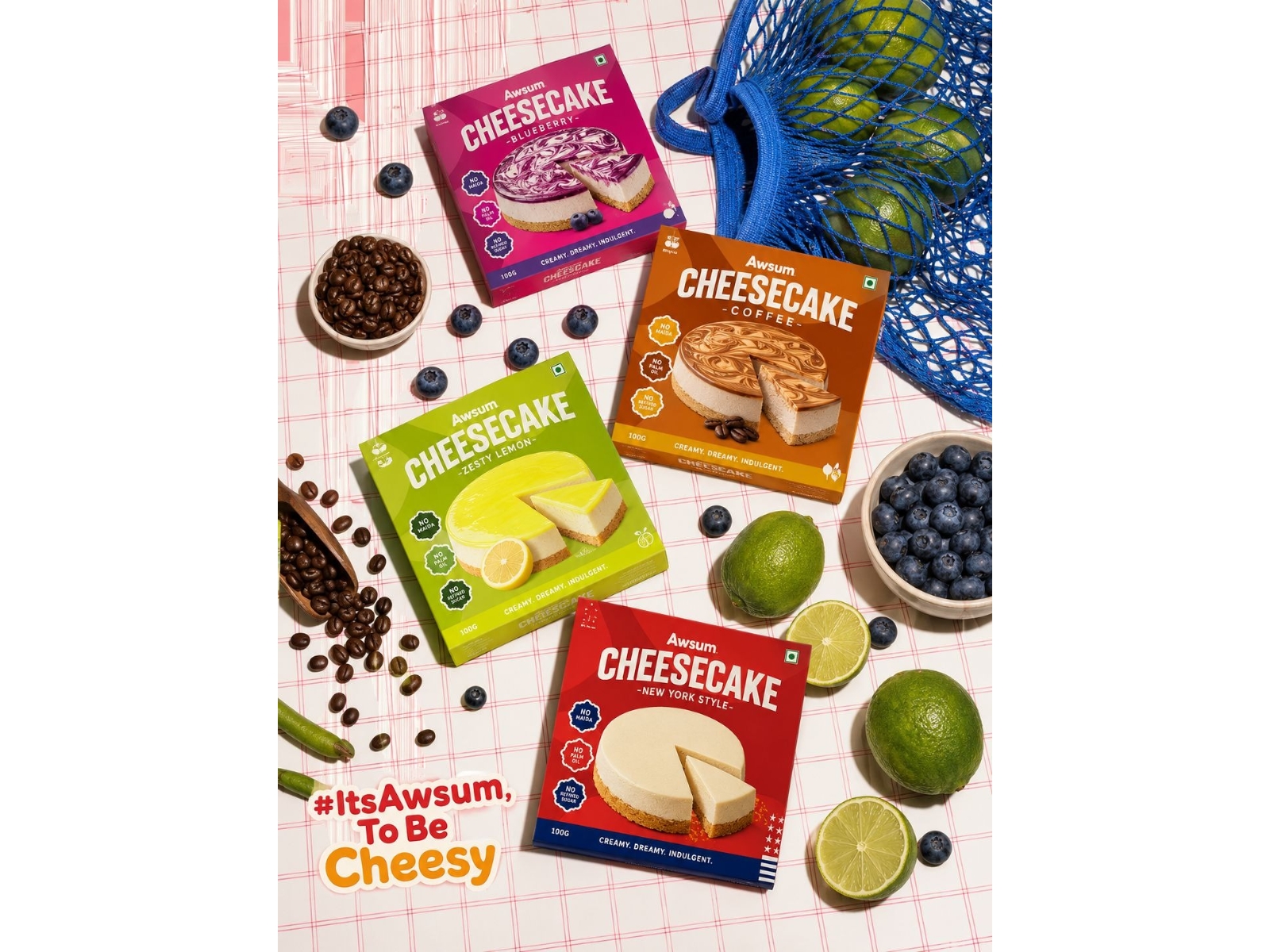 Awsum's cheesecake range--New York Style, Blueberry, Coffee & Zesty Lemon. Creamy indulgence, without the compromise. #ItsAwsumToBeCheesy