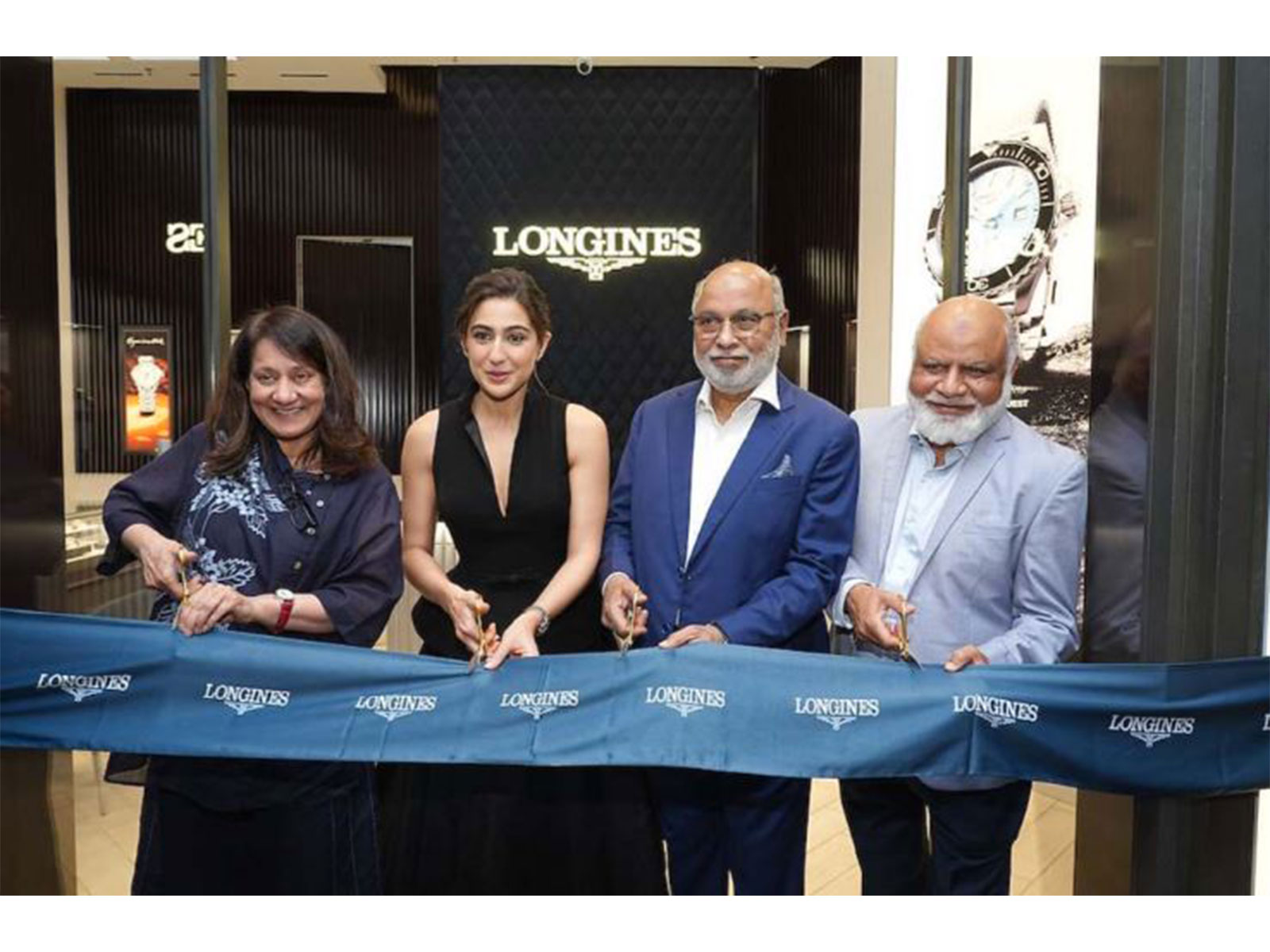 L to R.:Mrs. Achla Chawla - Brand Manager, Longines India, Ms. Sara Ali Khan - Friend of Brand Longines India, A. Jaleel Nawaz - Director Zimson, A. Jameel Nawaz - Director Zimson
