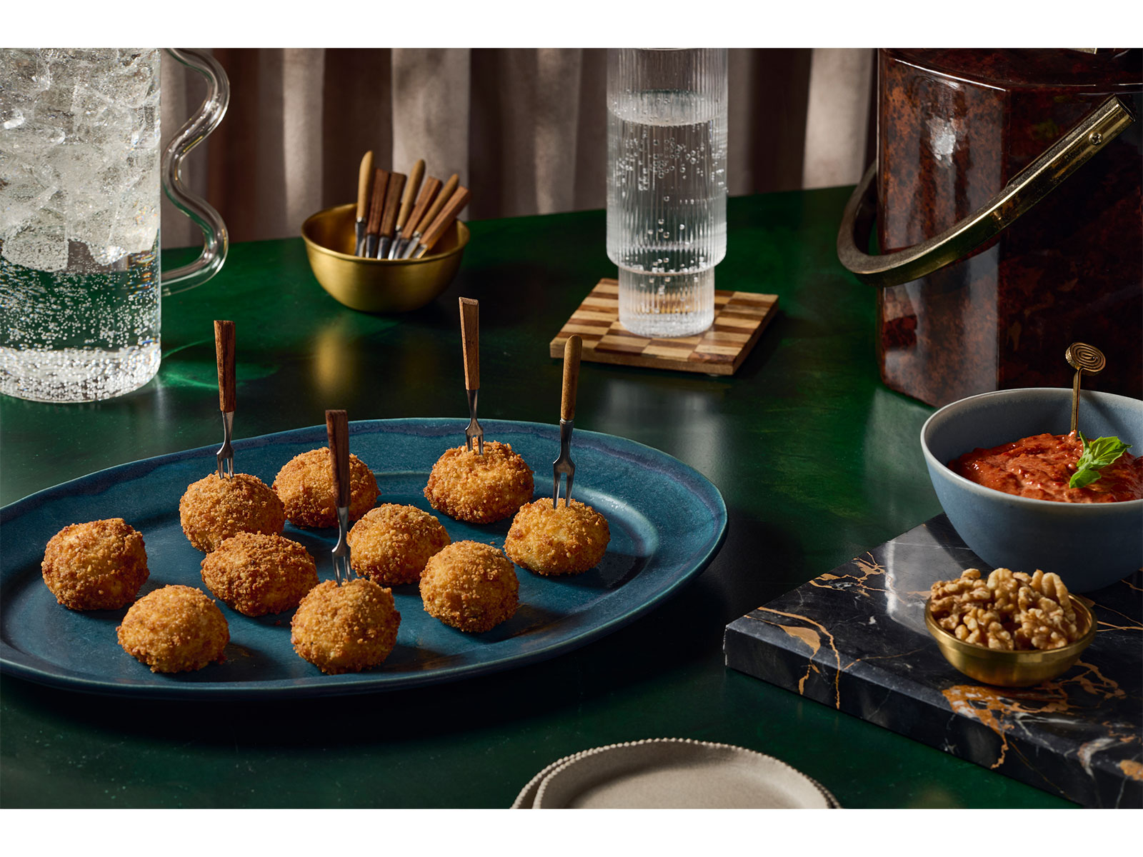 Walnut-Crusted Mozzarella Bites with Sun-Dried Tomato and Walnut Aioli