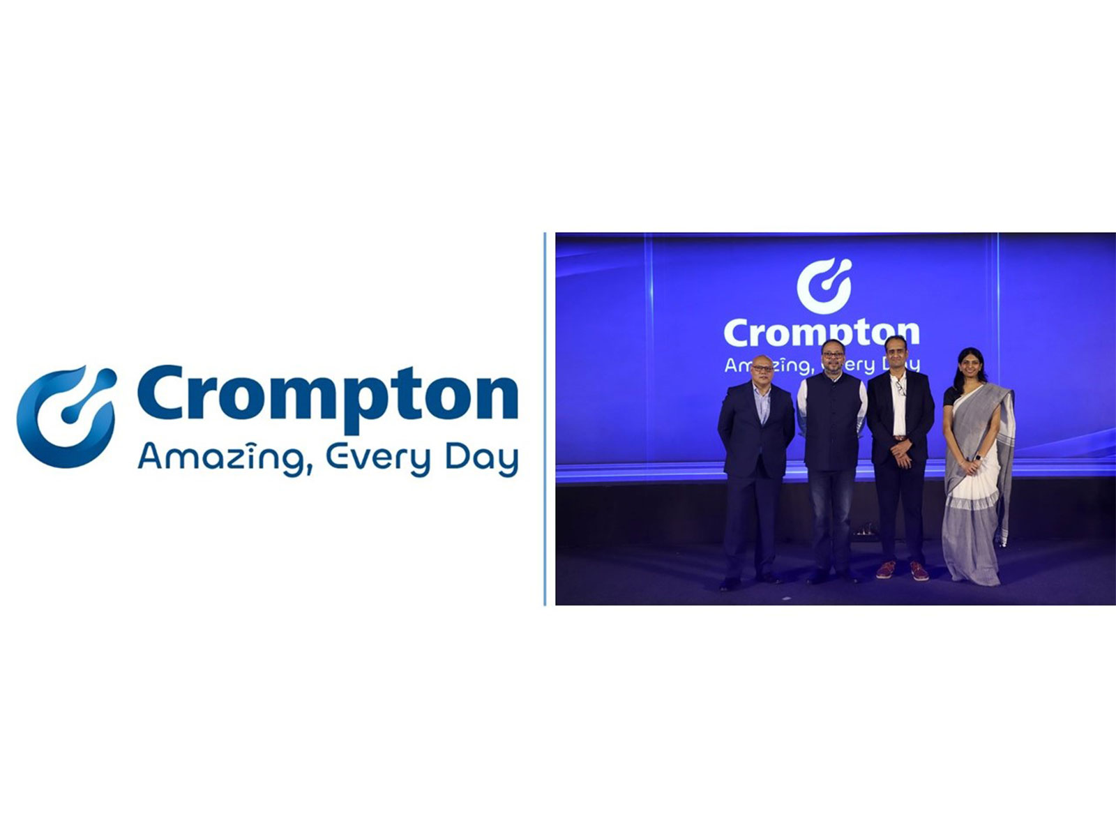 Crompton New Logo | L-R: Tanmay Prusty, CMO; Promeet Ghosh, MD & CEO; Kaleeswaran Arunachalam, Group CFO & Head of Strategy; Shweta Sagar, CBO, Butterfly & PL Head - Rhion
