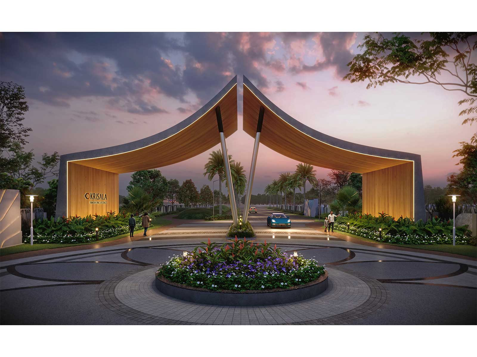 Artist's impression of the grand entrance to Krisala's Land of Dreams, showcasing its distinctive architectural design and landscaped surroundings