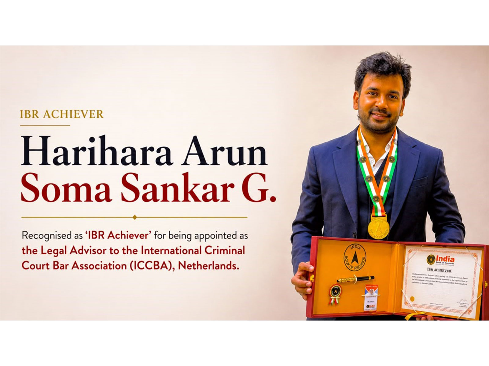 Chennai Legal Professional G. Harihara Arun Somasankar Earns 'IBR Achiever' Recognition from India Book of Records