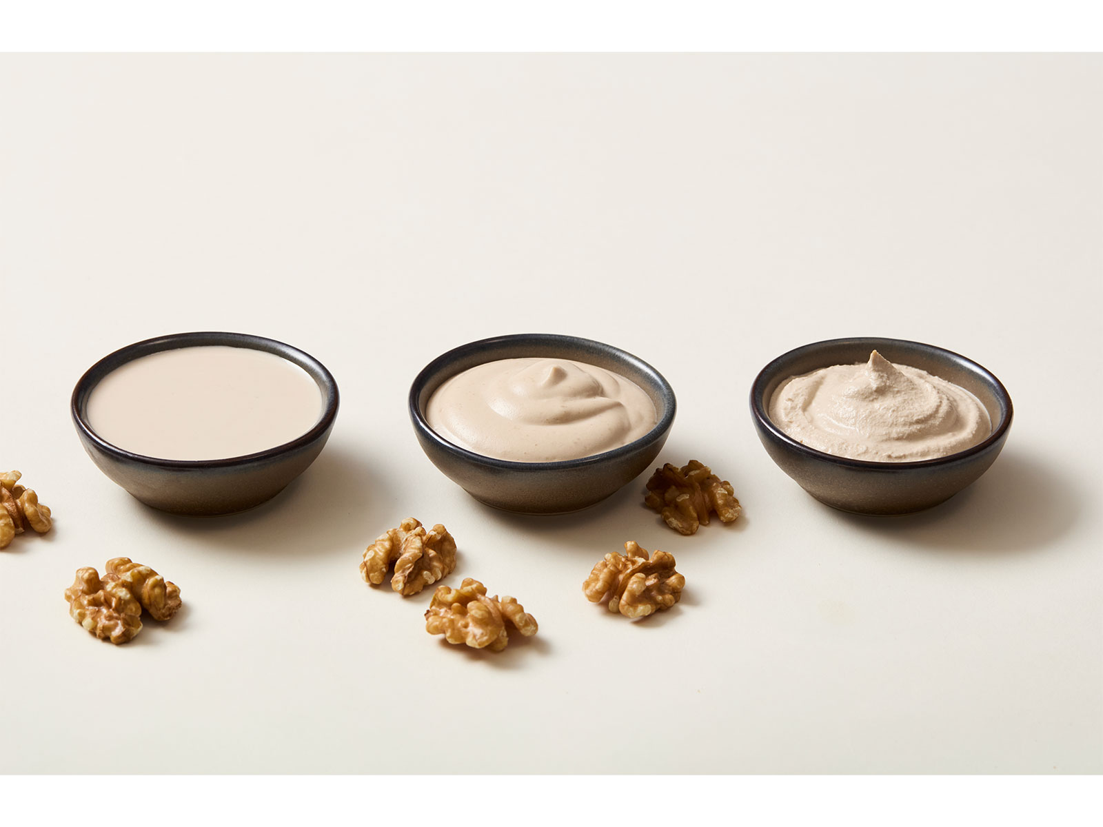 California walnut Cream – Thin, Medium, Thick (Left to right)