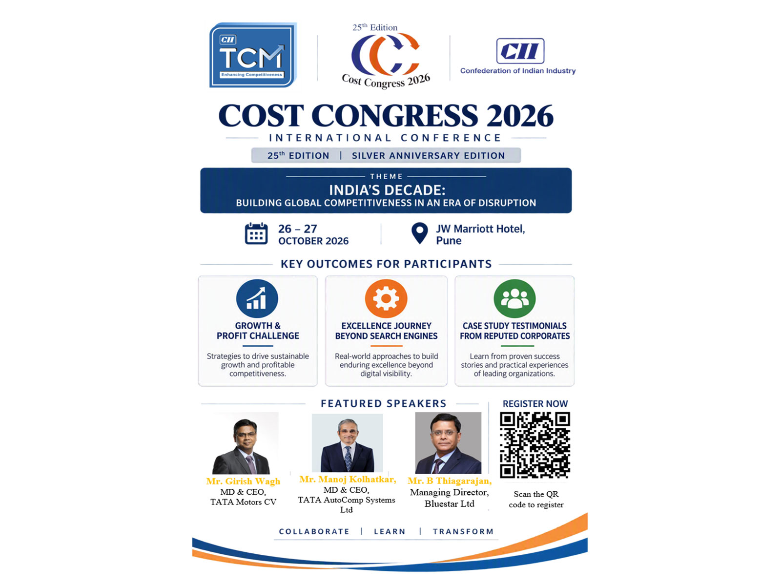 CII TCM ‘Cost Congress 2026’ to be held on 26–27 October 2026 at the JW Marriott Hotel, Pune