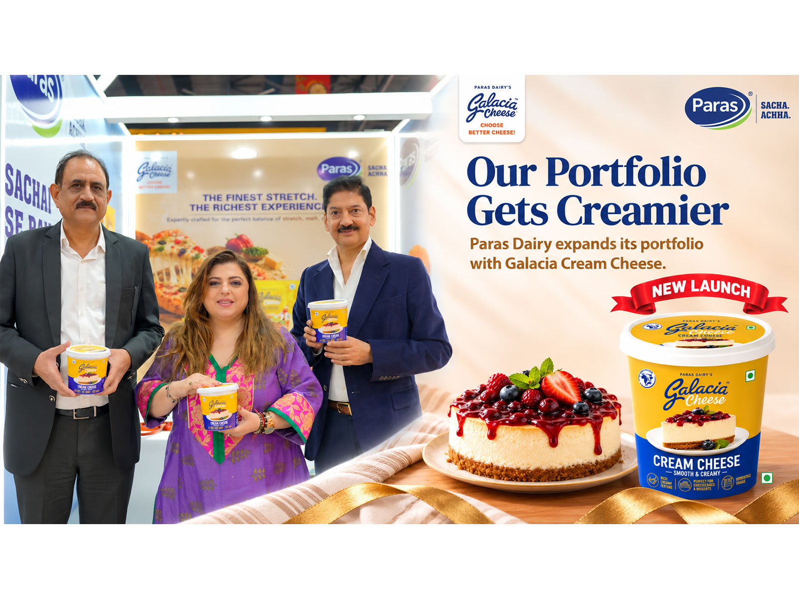 Mr VPS Malik (CMO) & Mr Gajinder Nagar (Joint MD), VRS Foods Ltd. with actor Delnaaz Irani at the launch of Paras Dairy’s Galacia Cream Cheese in Mumbai