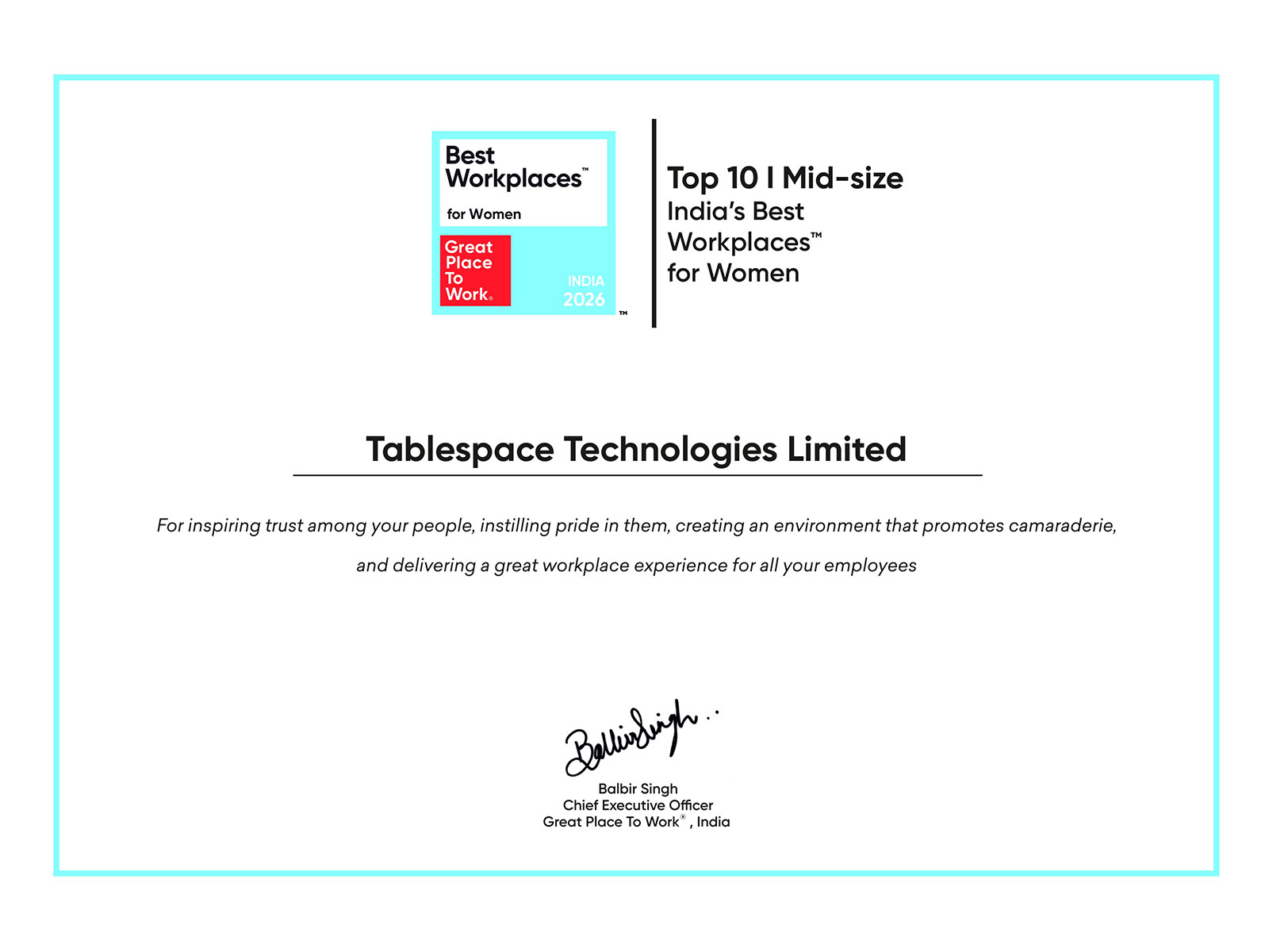 Great Place To Work® India Names Table Space Among India's Top 10 Best Workplaces for Women for the Second Consecutive Year