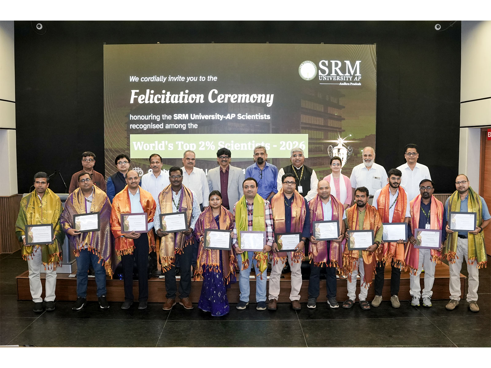 Prof. Ch Satish Kumar, VC, SRM AP and University leadership felicitating SRM AP faculty recognised among World Top 2% Scientists