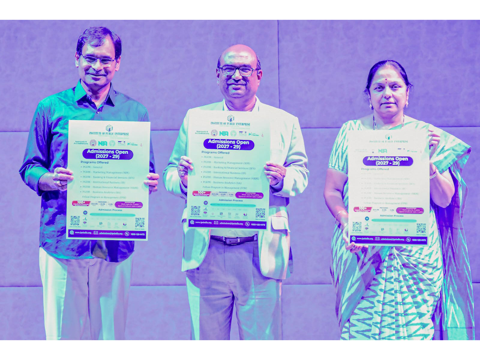 Prof. S Sreenivasa Murthy, Director, IPE (Centre), Prof. Rama Krishna Yelamanchiili (left) and Prof. M Meher Karuna (right) on the occasion of Poster and Information brochure launch
