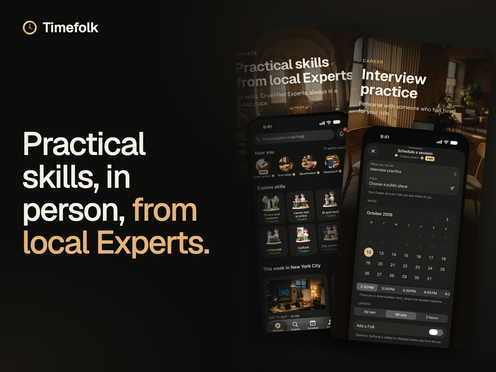 The Timefolk app: choose a skill, see Experts nearby and schedule a session in a public place. 