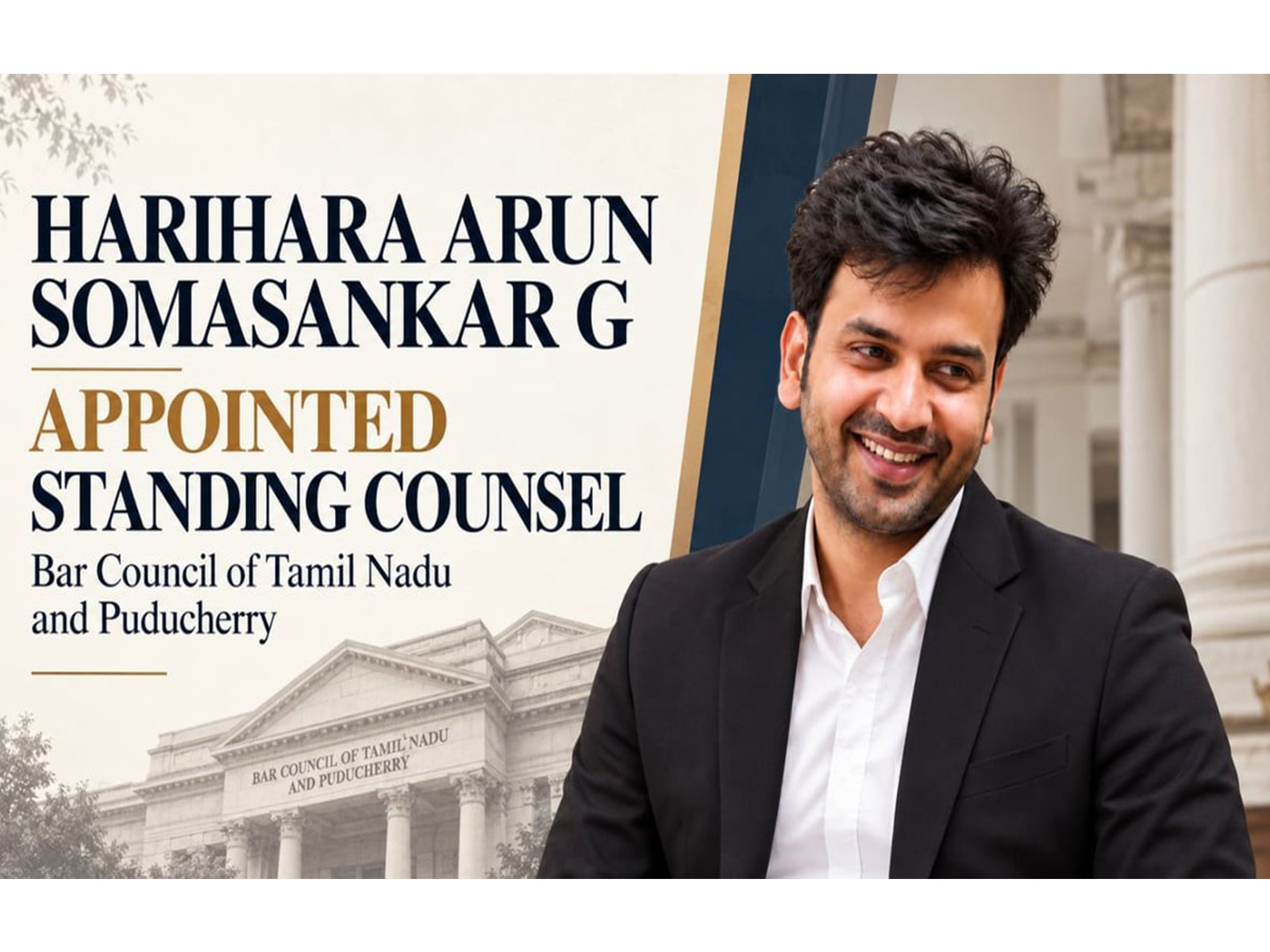 Harihara Arun Somasankar G Appointed Standing Counsel of the Bar Council of Tamil Nadu and Puducherry