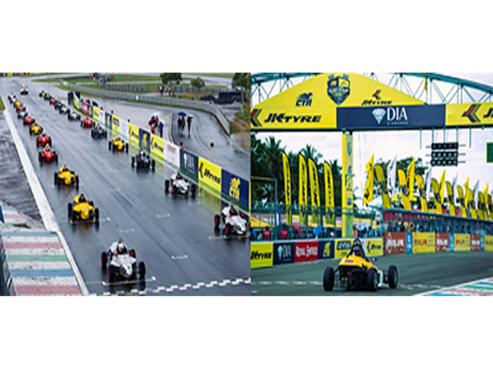 THUNDER ON GRID: Open-wheel LGB FORMULA machines sit poised lights out on a glistening wet circuit in Round 1 of the CTR JK TYRE FMSCI INDIAN NATIONAL CAR RACING CHAMPIONSHIP 2026.