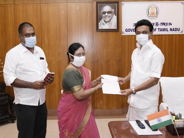 Dr Latha Rajendran - the foster daughter of Dr MGR and her son Dr Kumar Rajendran handed over Rs 10 lakhs to Tamil Nadu Chief Minister MK Stalin for TN CM's Public Relief Fund