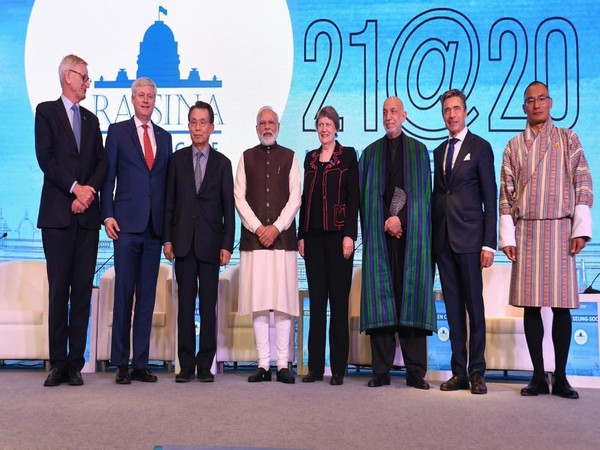 Prime Minister Narendra Modi with world leaders at the inaugural session of the Raisina Dialogue in New Delhi on Tuesday.
