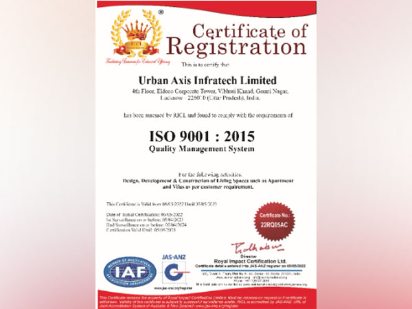 Urban Axis recognized with ISO 9001:2015 certification for Quality Management system
