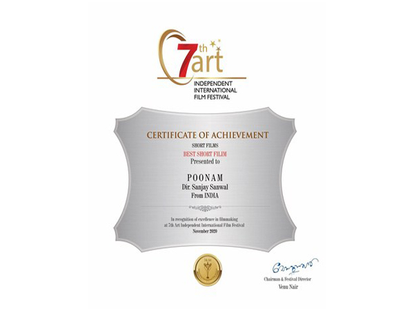 Film 'Poonam' Wins Best Short Film, Best Actress and Best Actor Awards for 2020 at 7th Art Independent International Film Festival