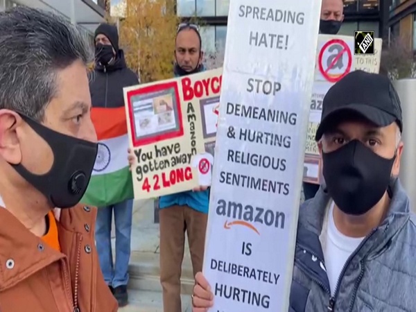 Protest outside Amazon office for selling products with Hindu symbols