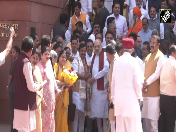 Home Minister Amit Shah welcomes BJP National President Nitin Nabin at Parliament